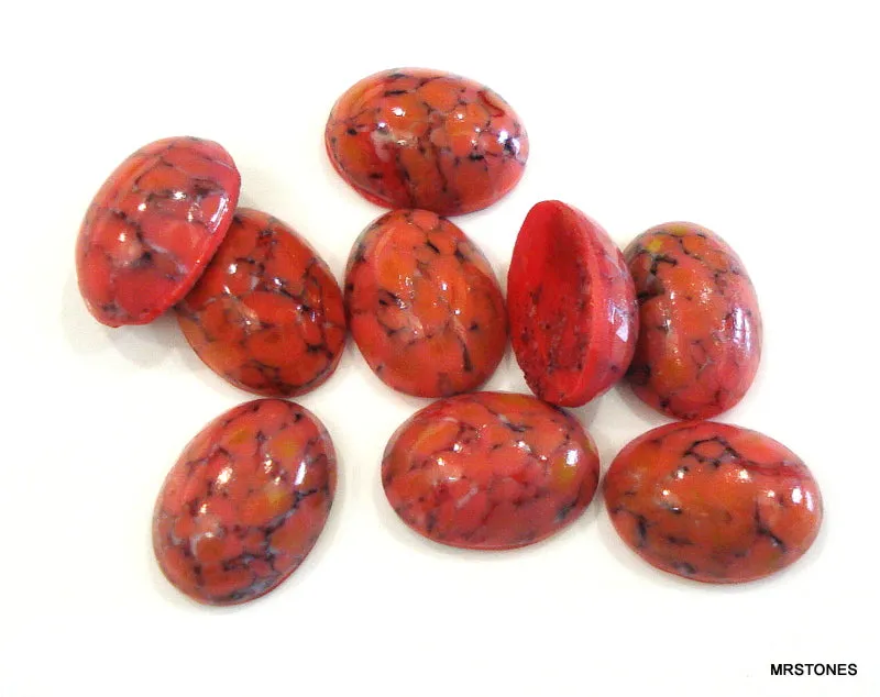 14x10mm (1685) Glass Red Orange Coral Matrix Oval Cabochon