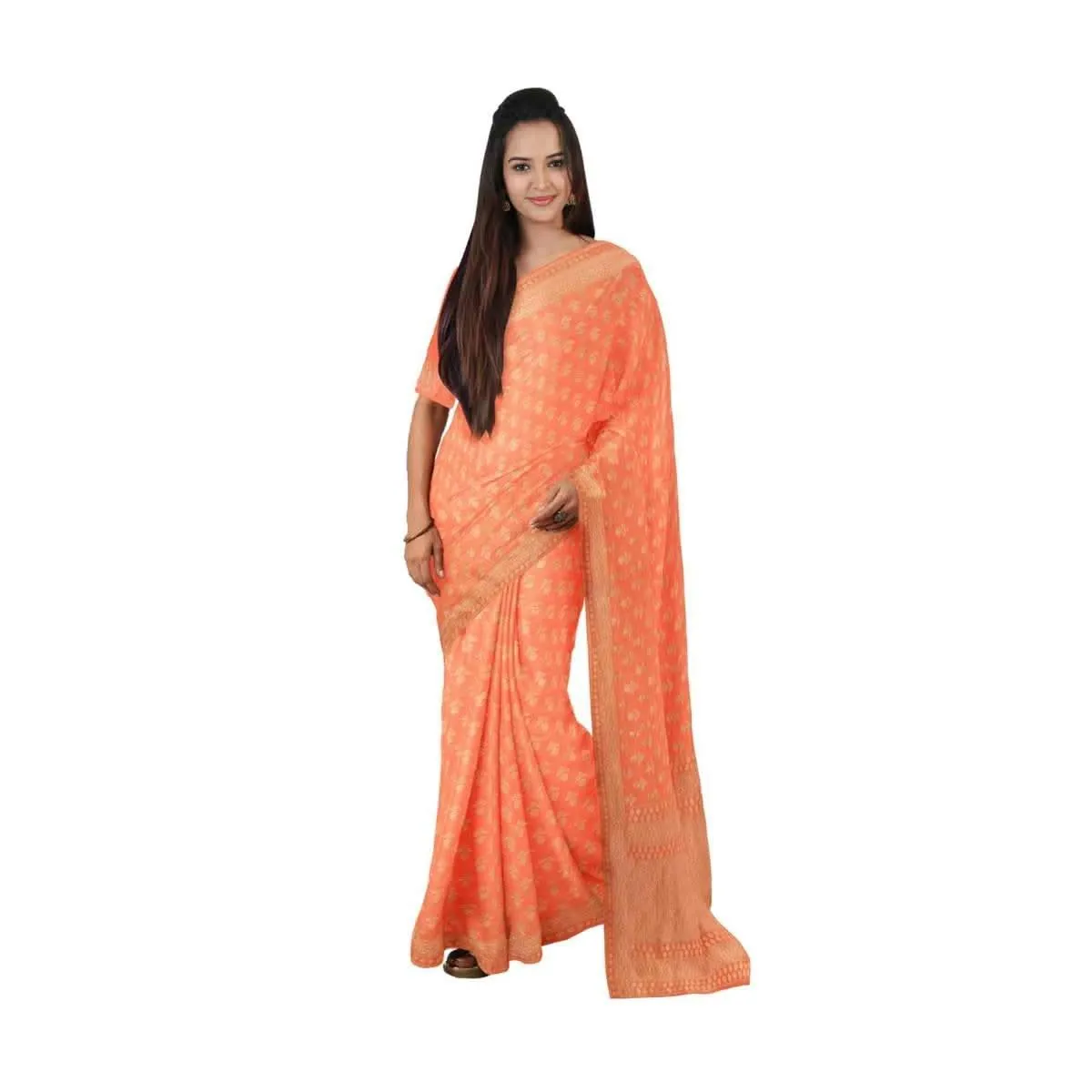 Coral orange georgette saree with weaved pattern only on Kalki