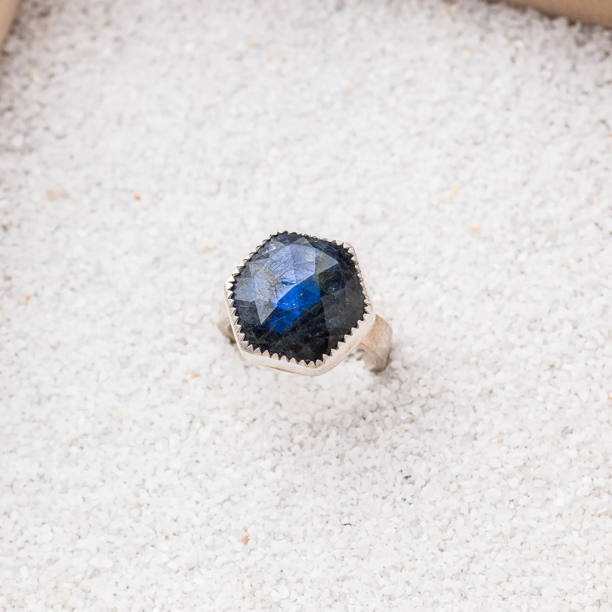 Deep Blue Labradorite Hex Ring with Serrated Bezel