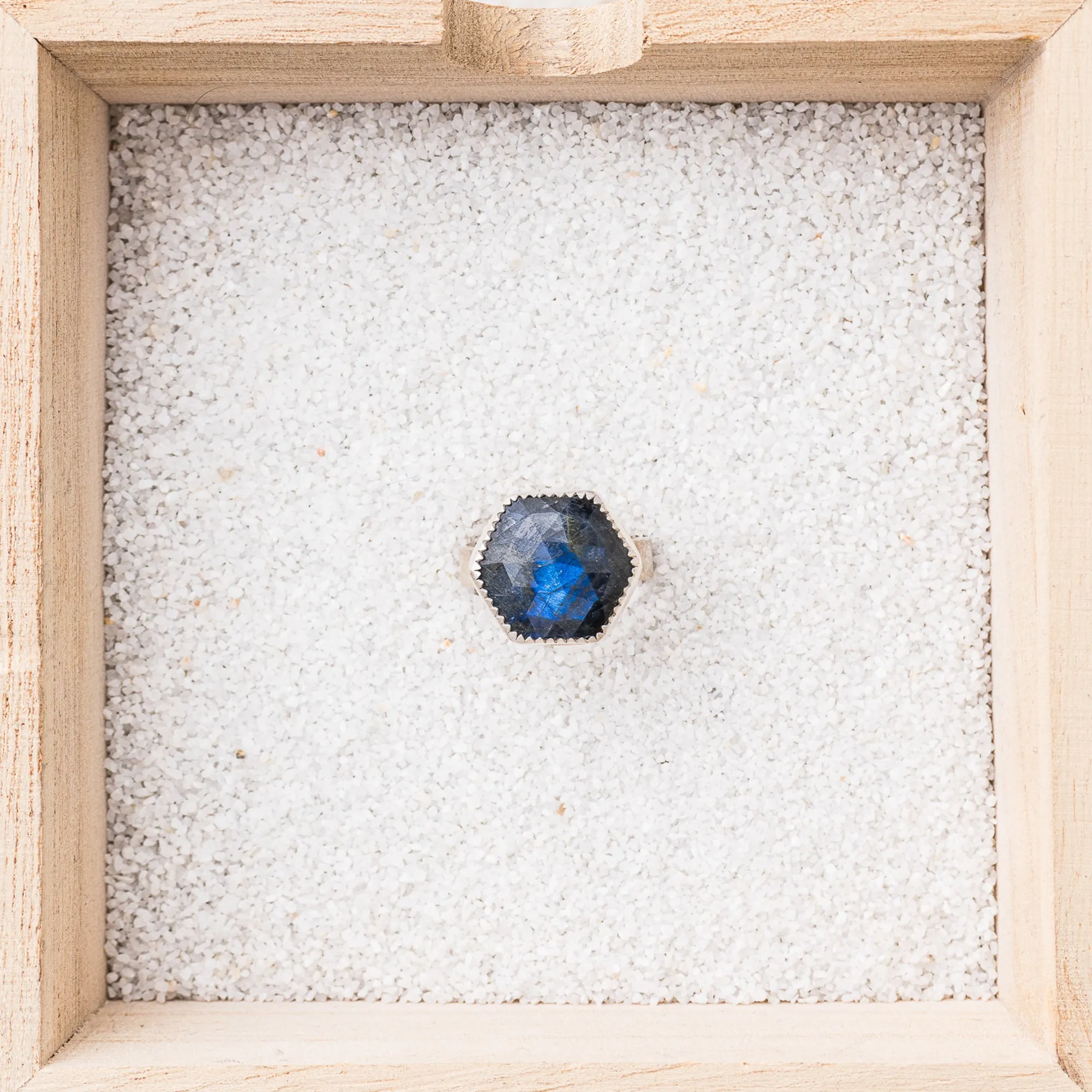 Deep Blue Labradorite Hex Ring with Serrated Bezel