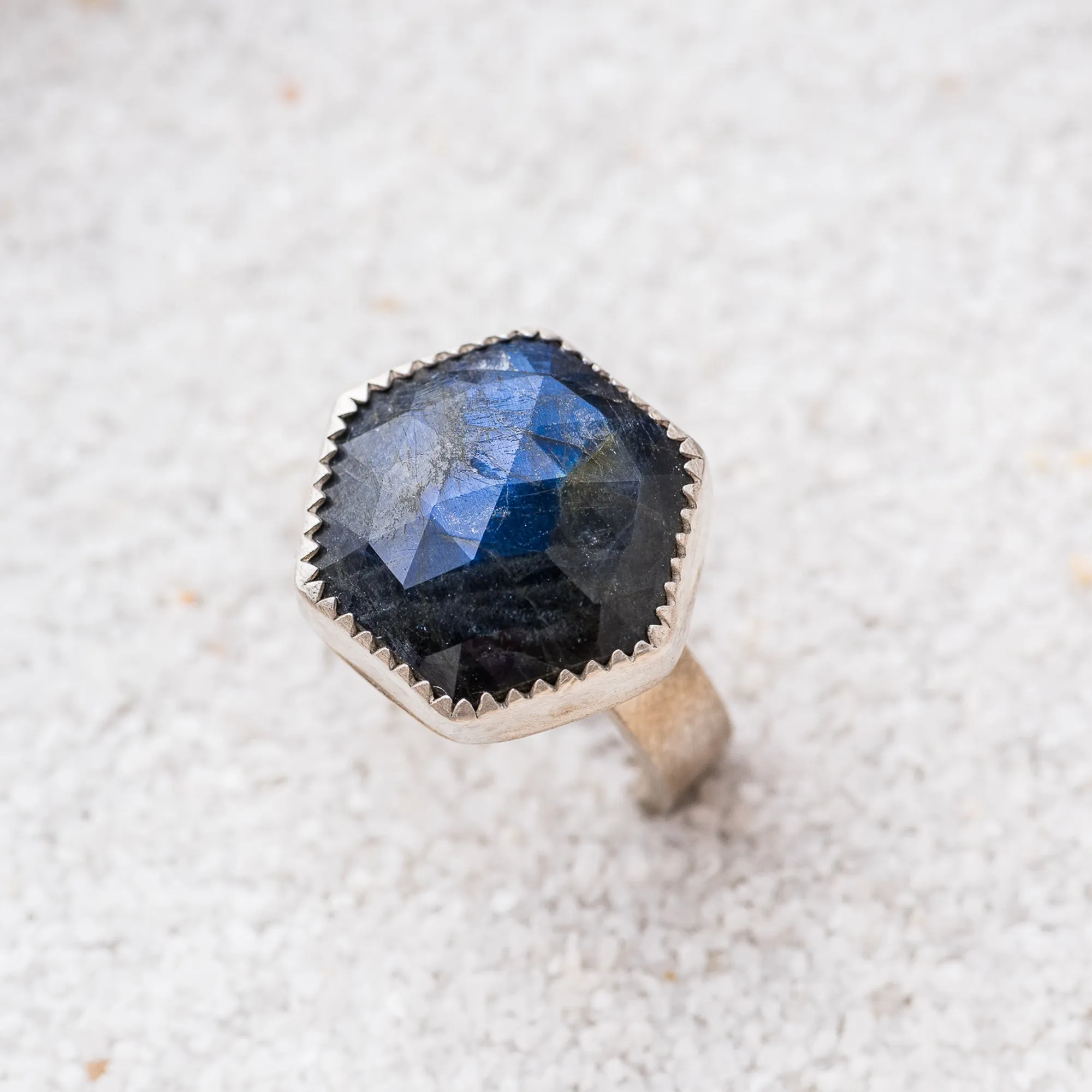 Deep Blue Labradorite Hex Ring with Serrated Bezel