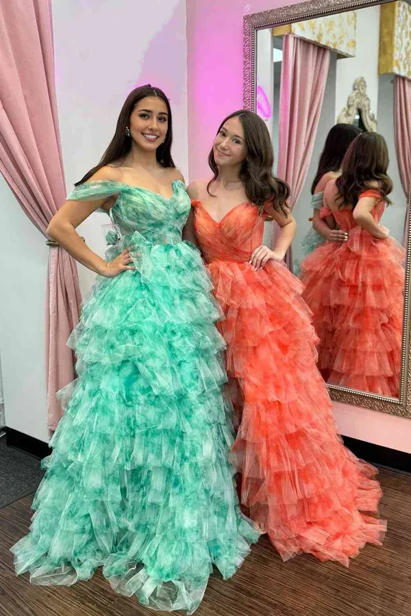 Evening Dress Off the Shoulder Coral Print Tiered Long Prom Dress