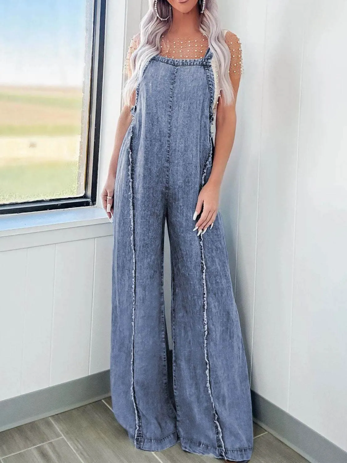 Exposed Seam Washed Wide Leg Denim Overalls