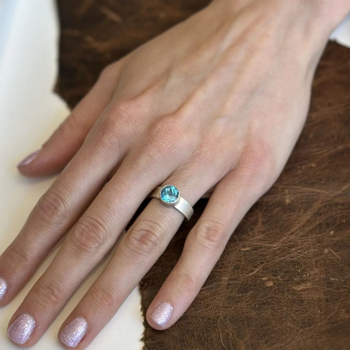 Swiss Blue Topaz Round Ring on Tapered Band